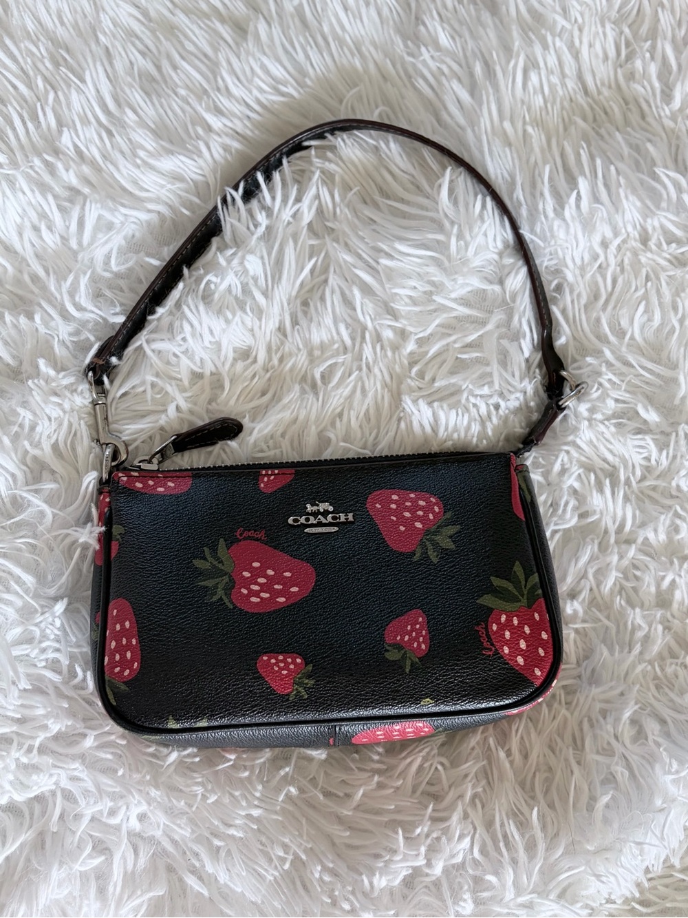 Coach Nolita 19 Black Strawberry Print Mini Purse with Red Accents